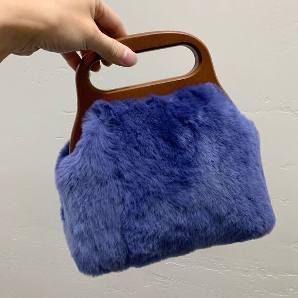 Handmade Real Rex Rabbit Fur Wooden Frame Top Handle Bag/Crossbody & 2 Straps - Picture 5 of 14